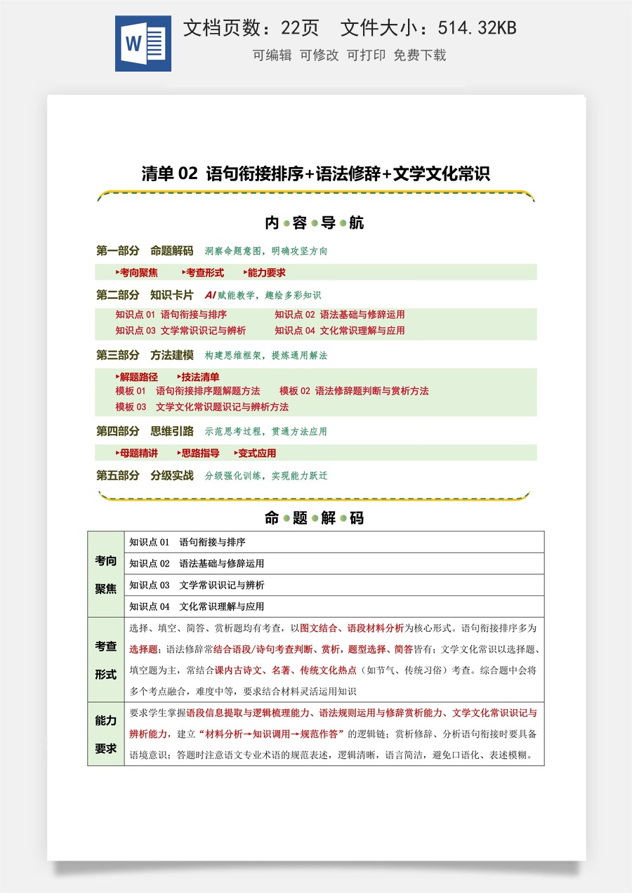 初中-语文-中考语文-二轮复习知识点-清单02 语句衔接排序+语法修辞+文学文化常识（知识·方法·能力清单）（学生版）.docx
